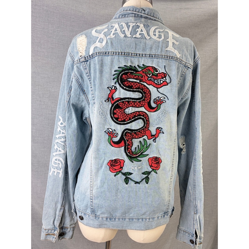 Brooklyn Cloth Mfg Savage Distressed Denim Jacket Dragon Roses Streetwear L